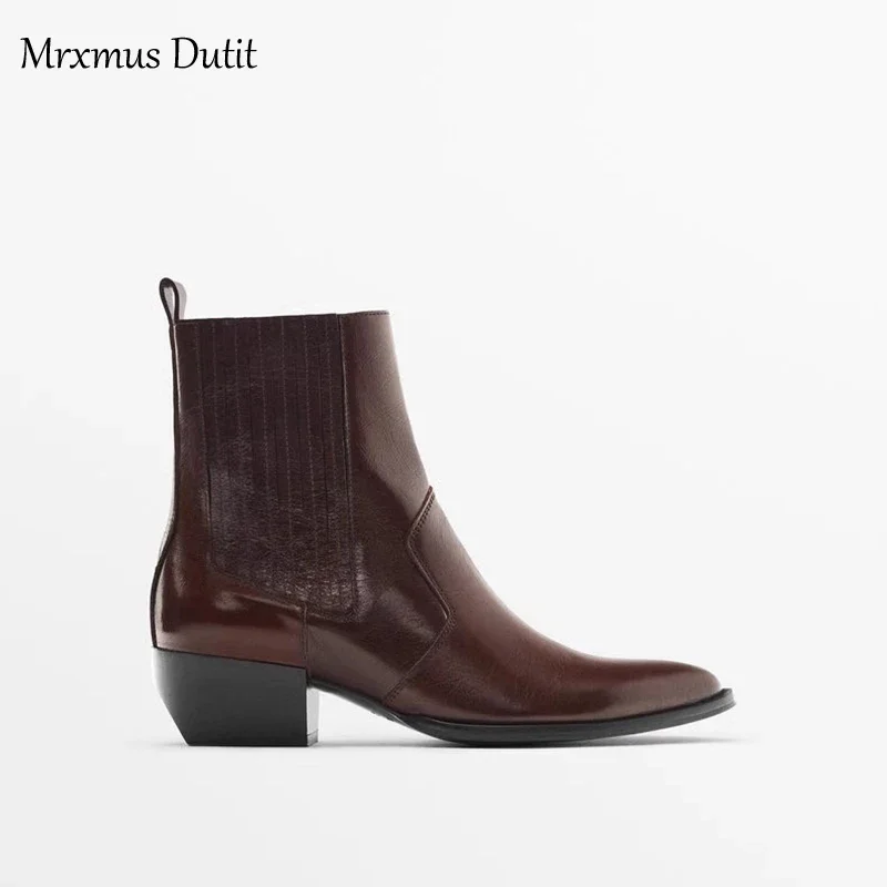 Mrxmus Dutit 2024 Women Autumn Winter New Genuine Leather Thick Heel Pointed Head Chelsea Shoes Commute Fashion Short Boots