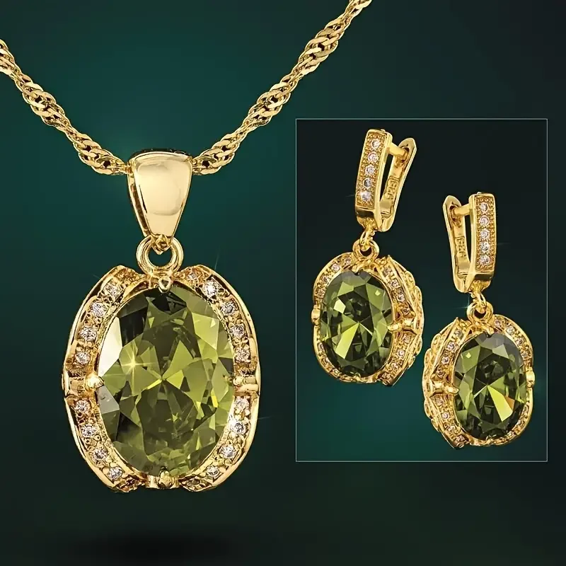 

Vintage Style Jewelry Set with Geometric Olive Green Cubic zirconia with Earrings Pendant Necklace Sets Valentine'S Gift