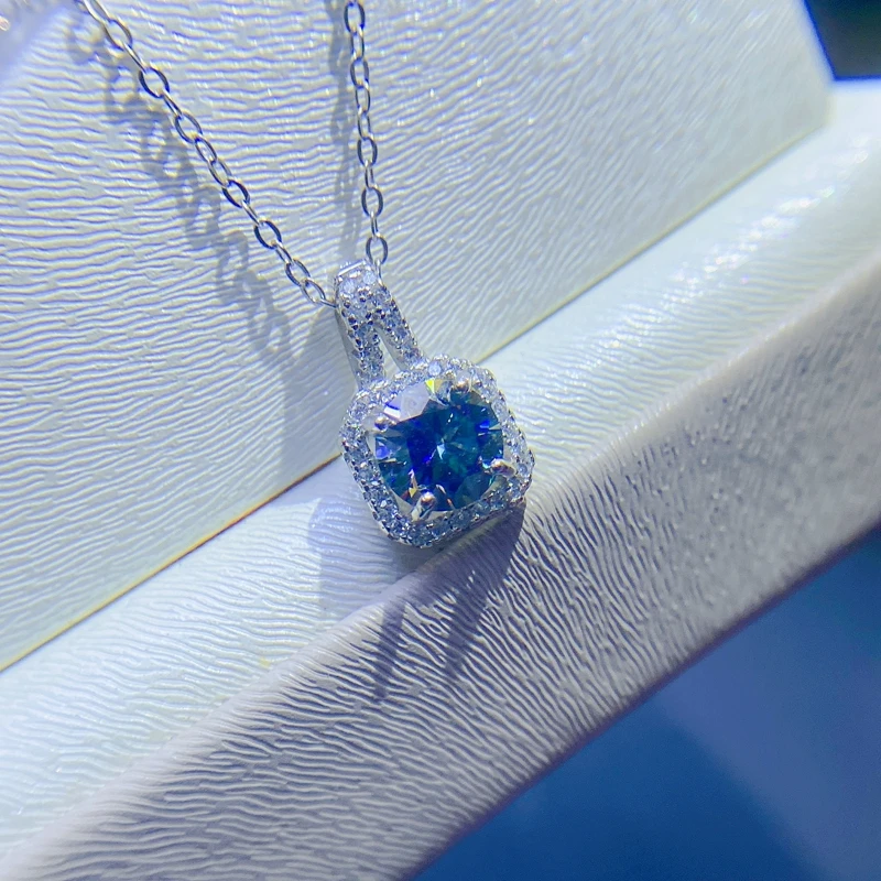 blue moissanite necklace, 2 carat gem, can be detected by instrument, 925 Sterling silver