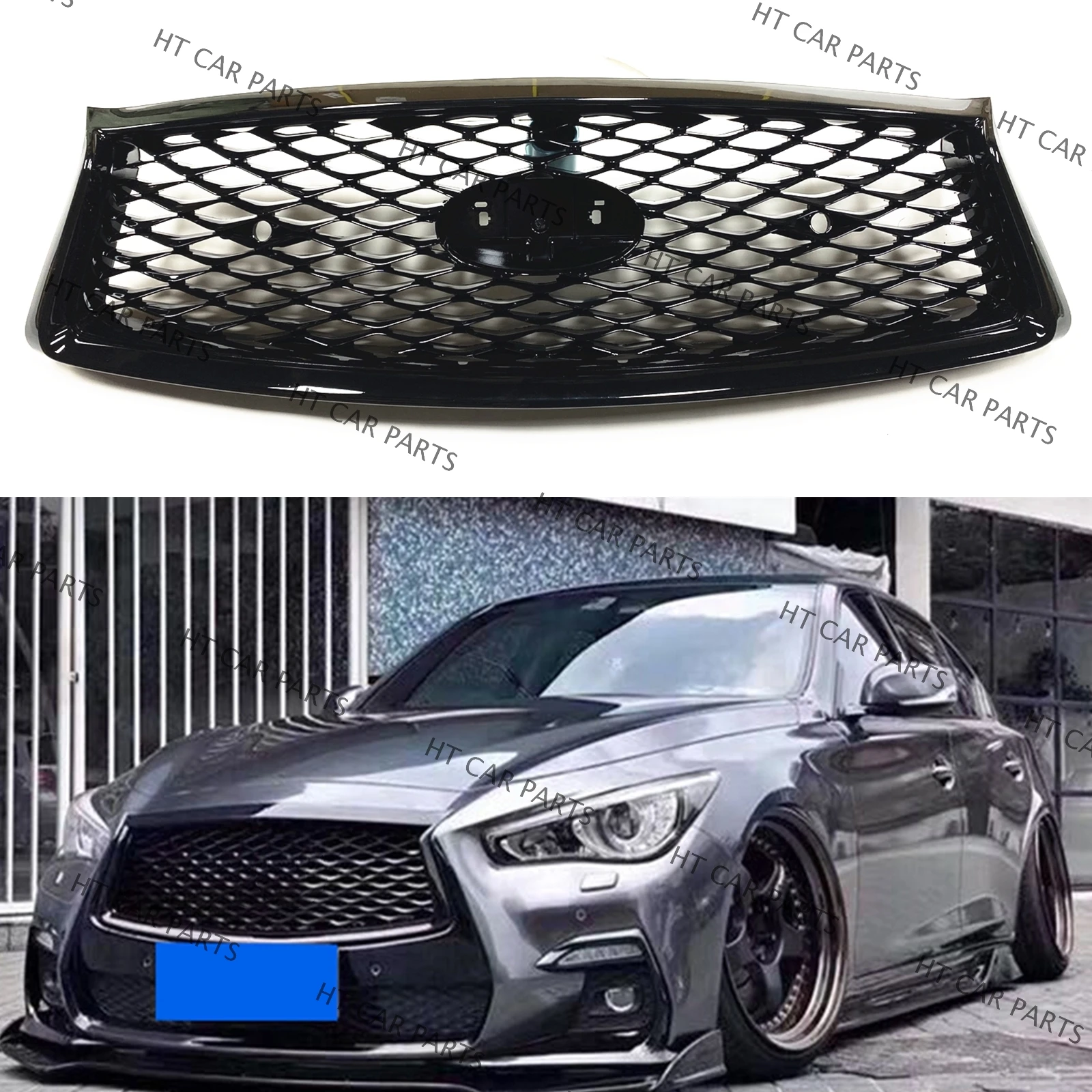 

For Infiniti Q50 Q50S 2018-2023 All Models 1X Gloss Black Honeycomb Style Piece Front Bumper Grille Grill Mesh