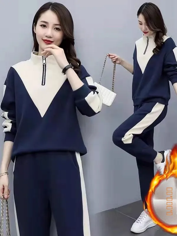 

Thiened Fce Lined Sportswear Hoodie Set Casual Contrast Color Autumn Winter New Sle Women's plus Size Outfit Two Pieces