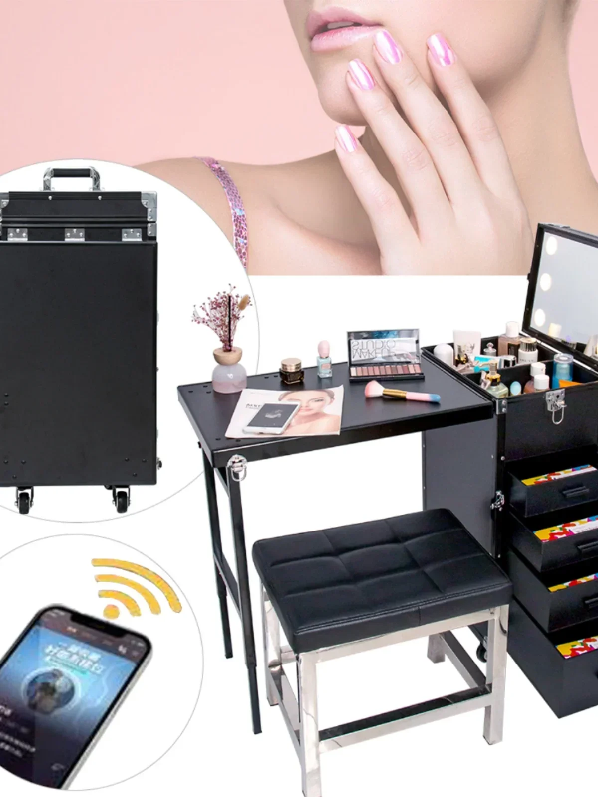 Large manicure trolley case with mirror bracket, universal wheel worktable, movable stall table, Bluetooth stereo