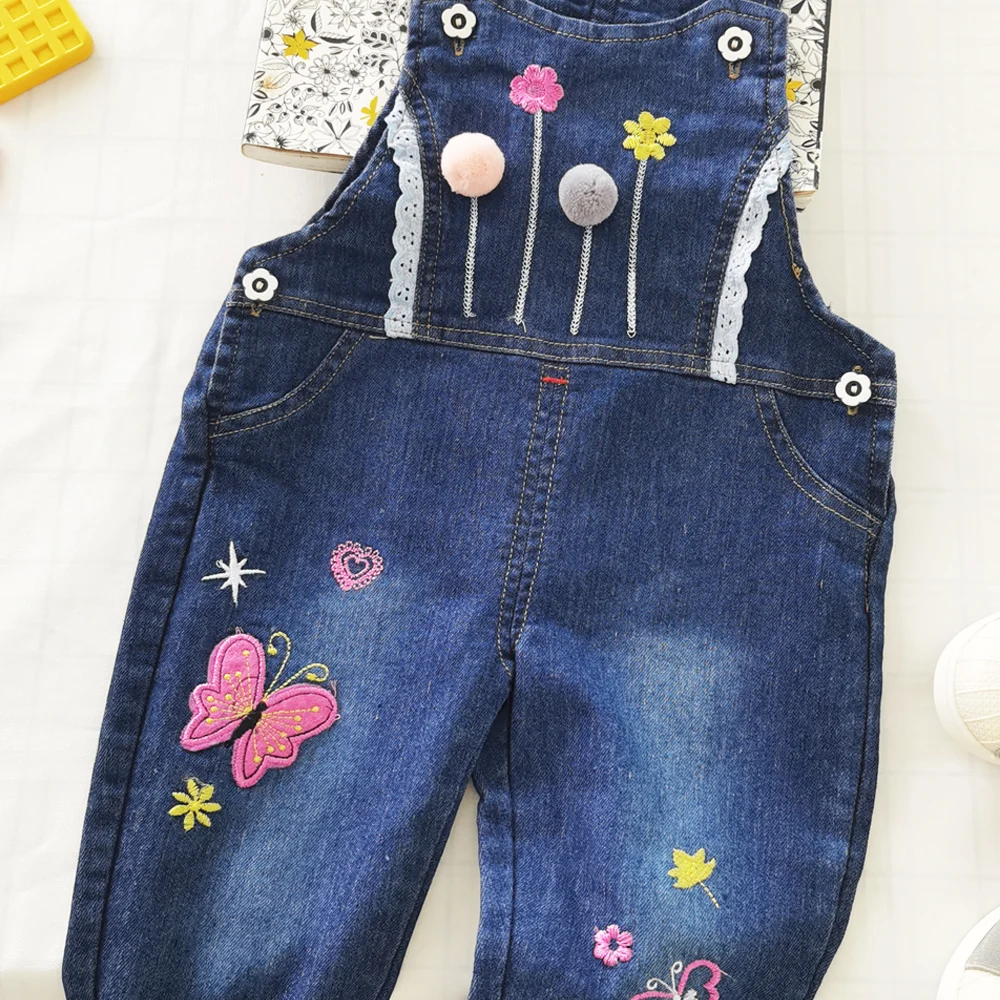 IENENS Baby Girls Overalls Kids Trousers Denim Dungarees Embroidery Butterfly Pants Toddler Infant  Jumpsuit 0-4 Years Clothes