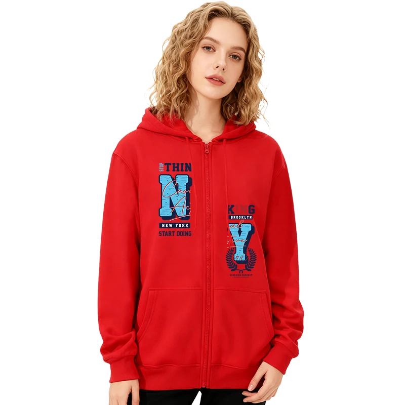 Sudadera con capucha y cremallera holgada para mujer, sudadera fina de poliéster con estampado gráfico de letras NY para primavera y otoño