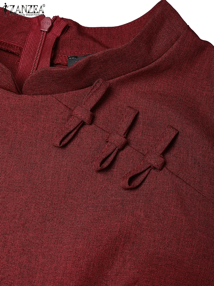 ZANZEA Ethnische Print Patchwork Elegante A-Line Kleider Frau Böhmischen Vintage Stehkragen Kurzarm Knie-Länge Roben Femme