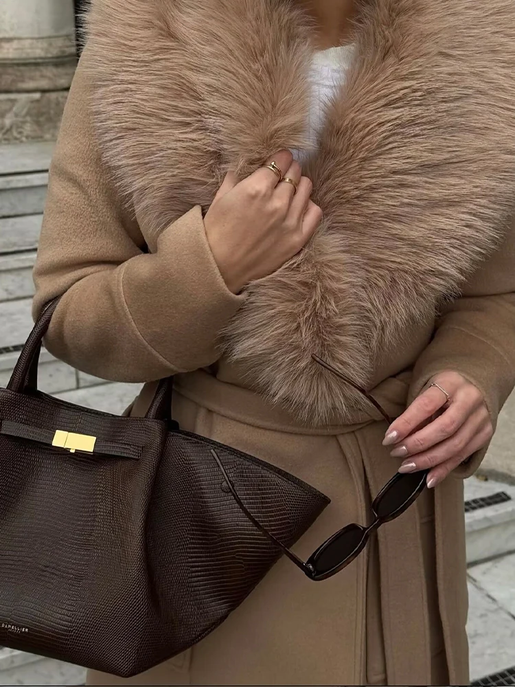 HH Women Autumn Winter New Large Wool Collar Long Woolen Coat Jacket Female Double Pocket Lace-up Casual Temperament Outwear