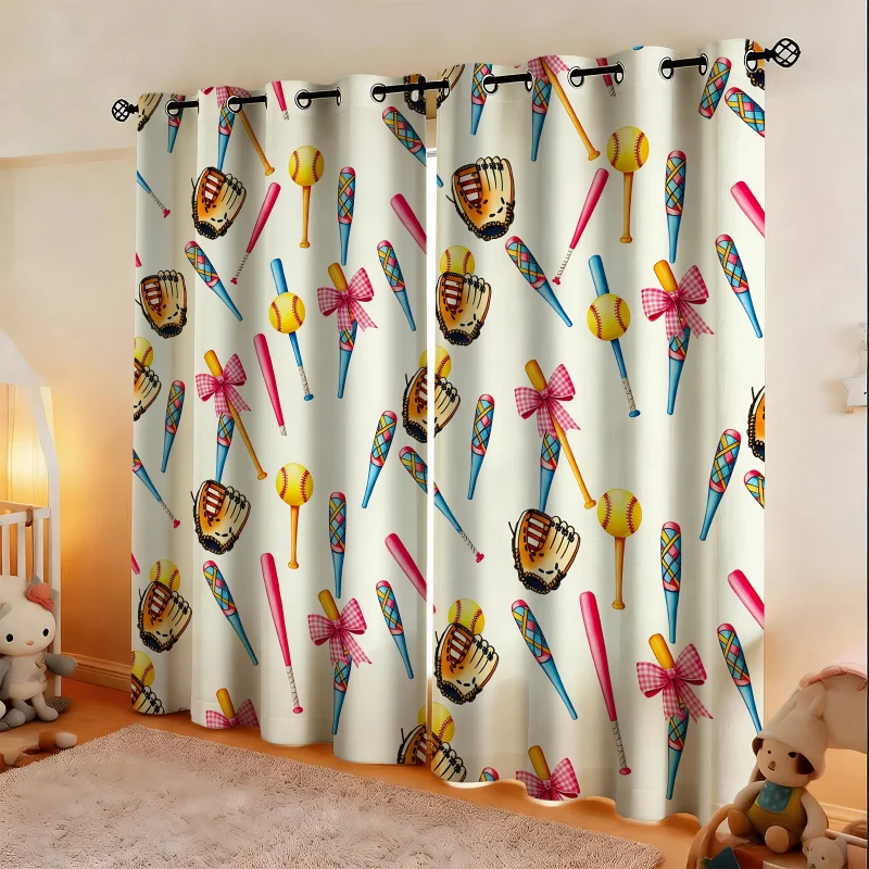 

2 Panels Printed Curtains, 85% Light Blocking Darkening Curtains, Baseball Bat Glove Bow Decor Curtains for Teen Girls Bedroom