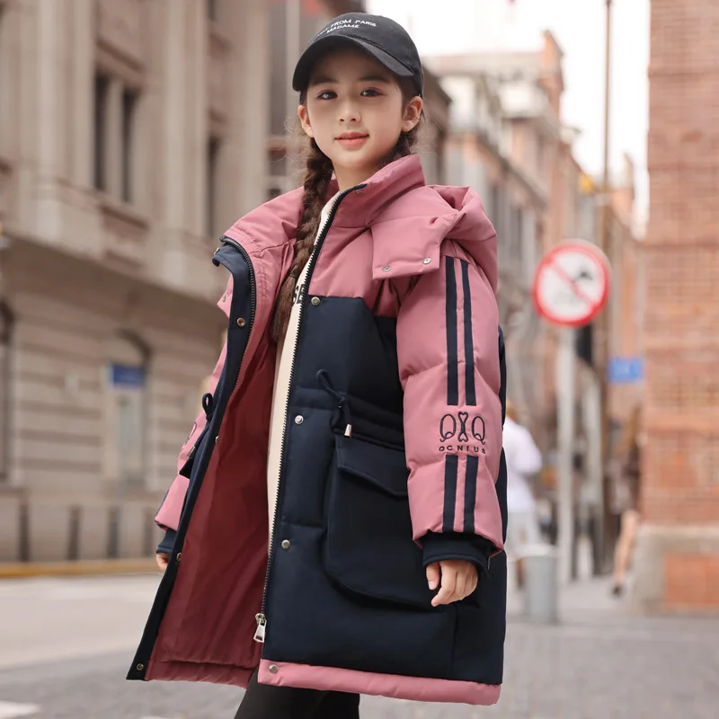 

2025 Winter Children's Girl Down Jacket Hooded Thick Warm Long Girls Puffer Coat 5-12Y Kids Girls Parka Contrast Color Clothes