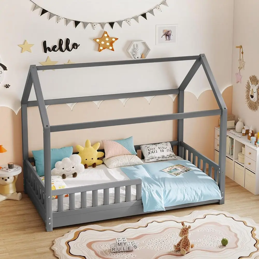 

Twin Size Wooden Kids Bed with Guardrails, Removable Rails, Playhouse Roof, Easy Assembly, Suitable for Toddlers, Grey