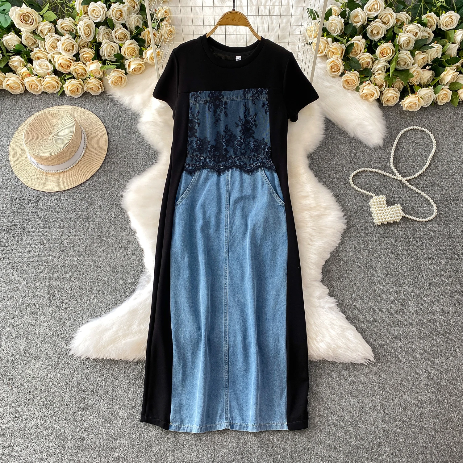 Female Fashionable High Waisted Split Denim Long Lace Patchwork Round Neck T-Shirt Dress
