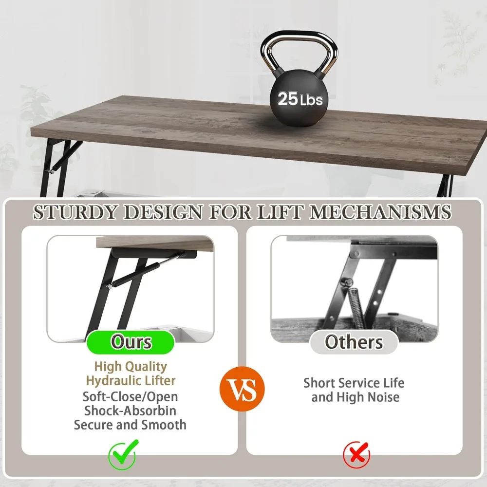 طاولة قهوة المزرعة مع سطح رفع مع منظم تخزين مخفي، طاولة قهوة مربعة الشكل لغرفة المعيشة مع شاحن #4