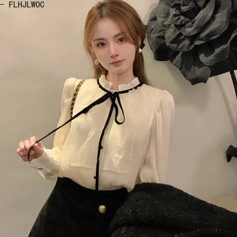 Bow Tie Tops Women Korean Style Japan Design Clothes Long Sleeve Elegant Office Lady Cute Ribbon Sweet Basic Shirts Blouses