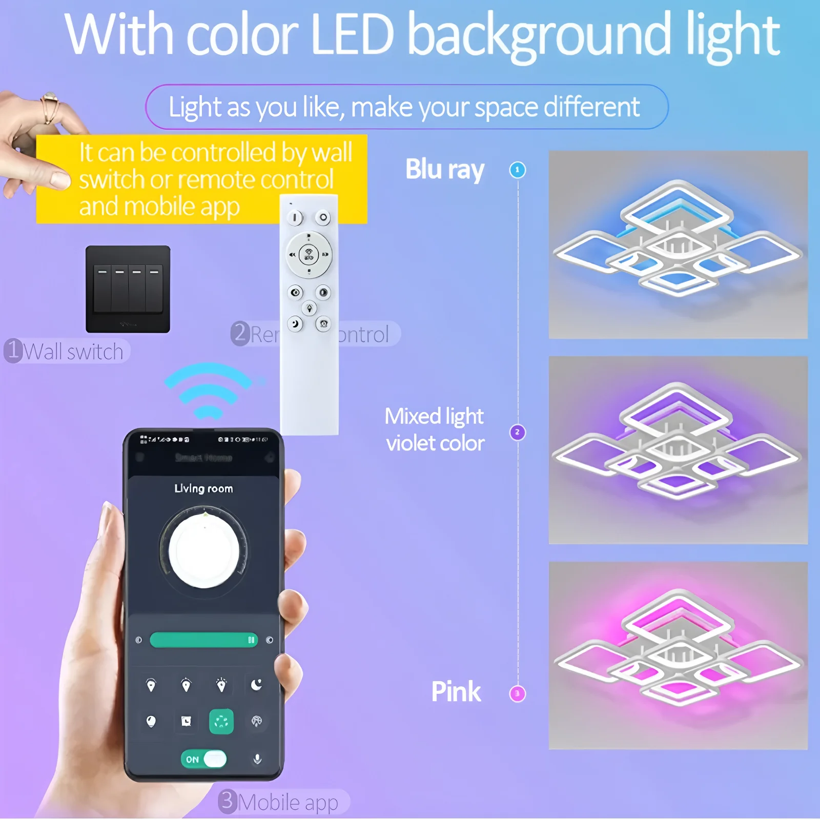 Energy Saving LED Ceiling Light Fixture APP Remote Control Dimmable with Backlight Lamp Indoor Living Room Bedroom Chandelier