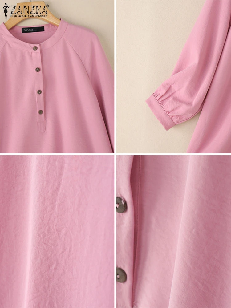 ZANZEA 2025 Herbst 3/4 Hülse Blusen Frauen Casual Rundhals Halbe Tasten Blusas Mujer Alltag Tragen Einfarbig Tops