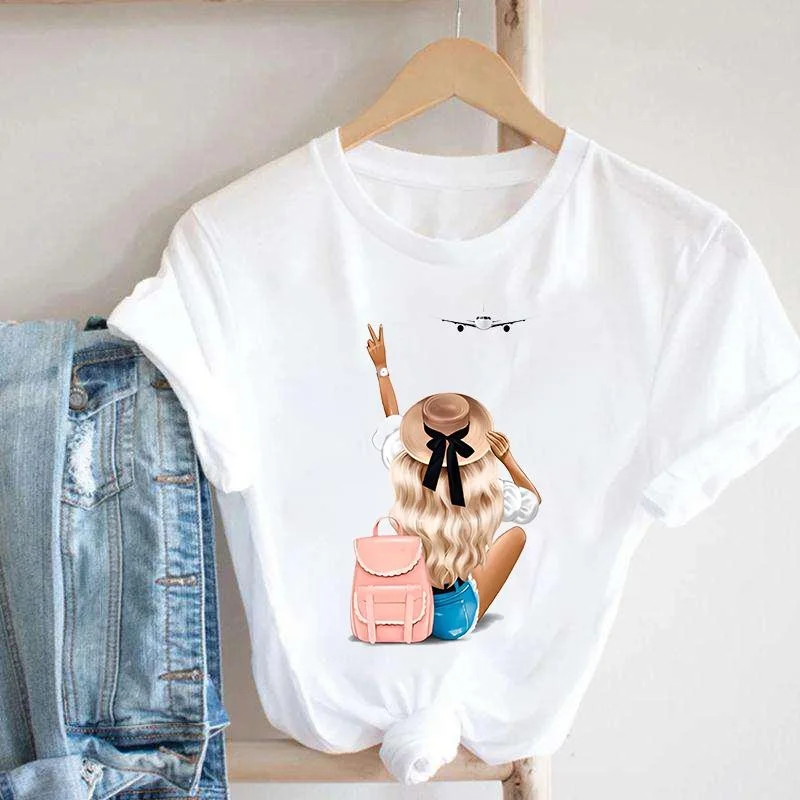 

Women Travel Print Clothing Short Sleeve Cute Sweet Refreshing T Casual Tee Top T Shirt Fashion Clothes Summer 90s Female T-shir