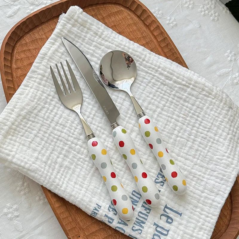 

Dinner Spoon Dinner Fork Steak Knife Rice Spoon Ceramic Handle Stainless Steel Spoon Fork Knife Three Piece Set
