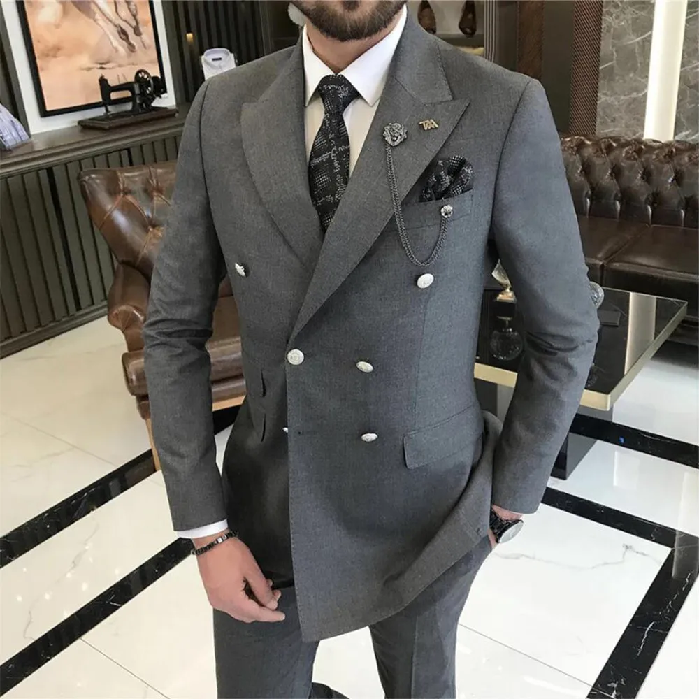 Business Wedding Suits For Men Navy Double Breasted Slim Fit 2 Pieces Formal Groom Party Tuxedo Customized Male Fashion Set 2025