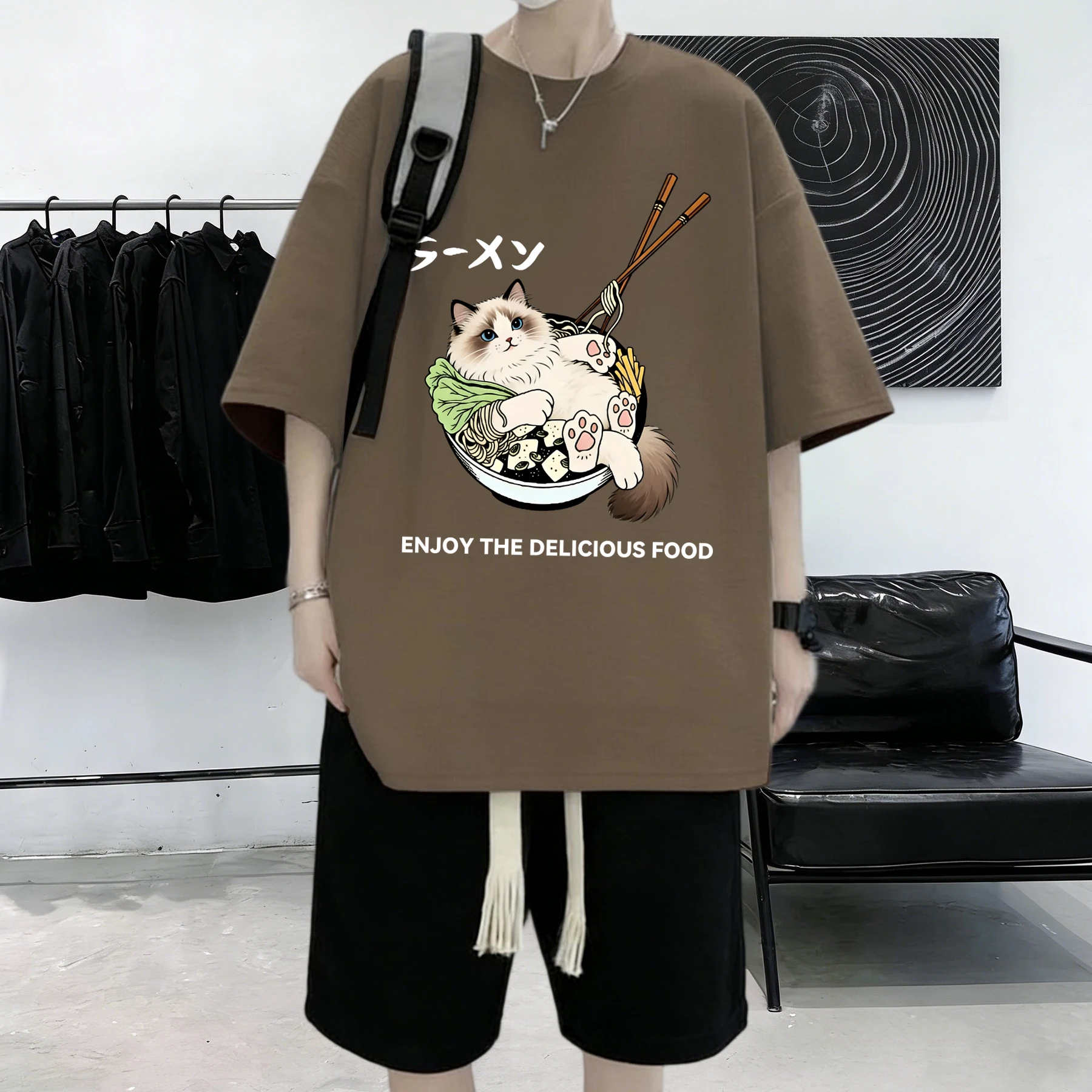 Cat Lying Down After Eating Too Much Design Man Cotton All-Match Summer Short Sleeve Basic Loose T Shirt Youth Comfortable Top