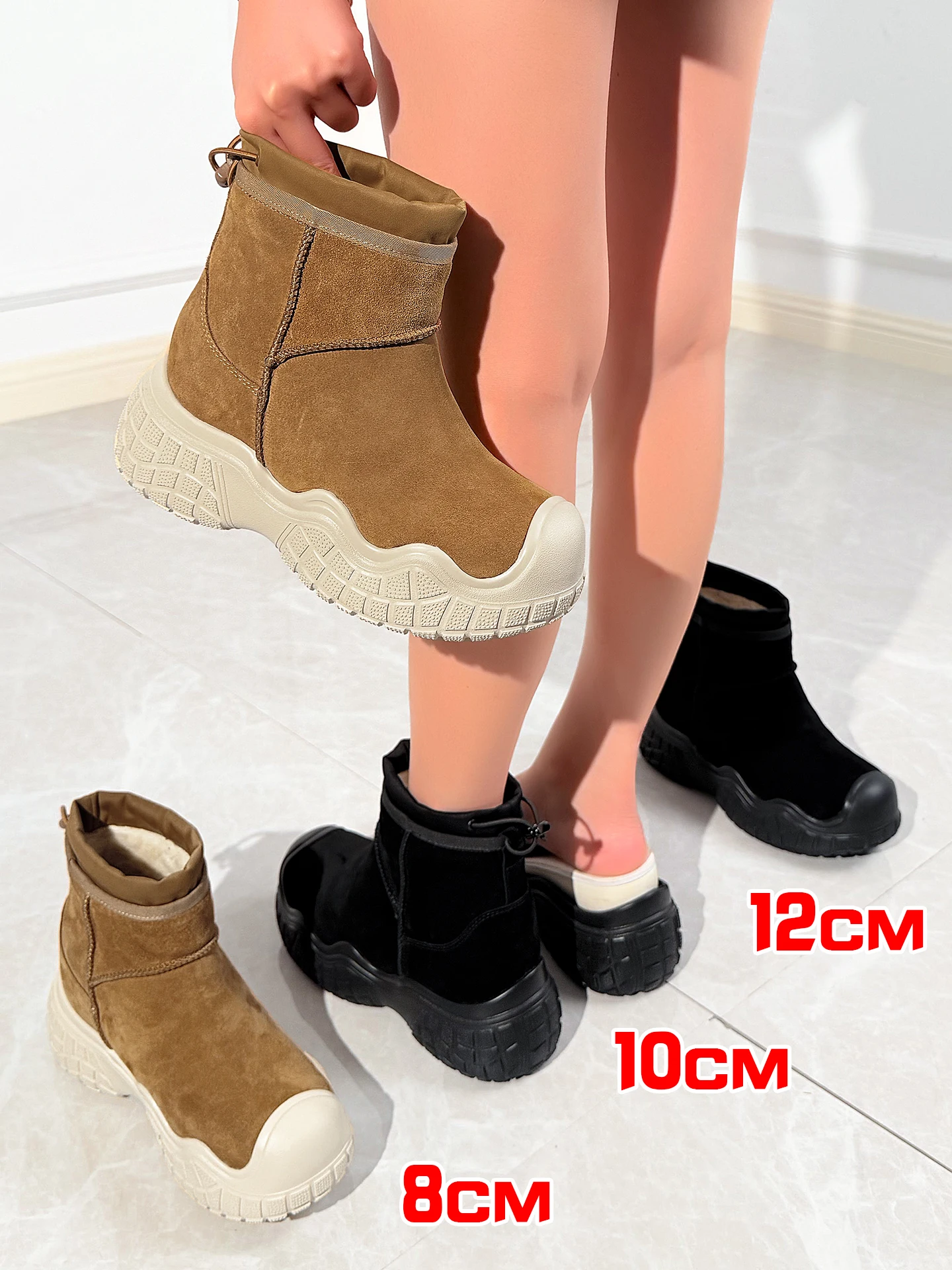 12cm Women Platform Elevator Shoes Female Wool Snow Boots Winter Warm Short Boots 10cm Height Increasing Shoes Petite Booties