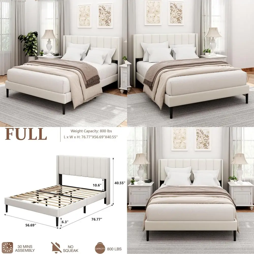 

Full Size Bed Frame with Vertical Channel Tufted Wingback Headboard, No Box Spring Required, Mattress Foundation, Easy Assembly,