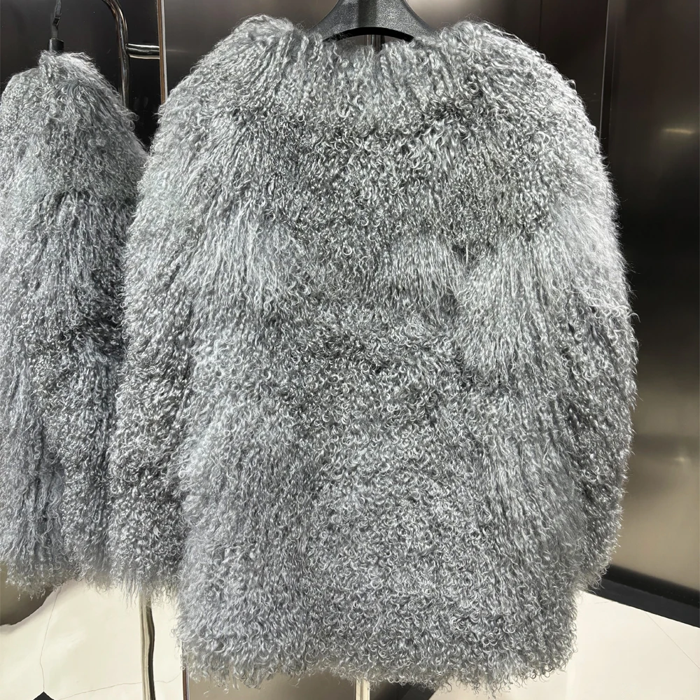 2024 Winter Warm Gray Long Real Mongolia Sheep Fur Jacket Coat Women Outerwear