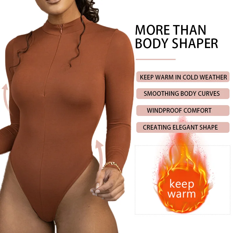 Women Thermal Underwear Mock Neck Bodysuit Long Sleeve Shapewear Sexy Deep V Body Shaper Slimming Zipper Jumpsuit Warmth Basic
