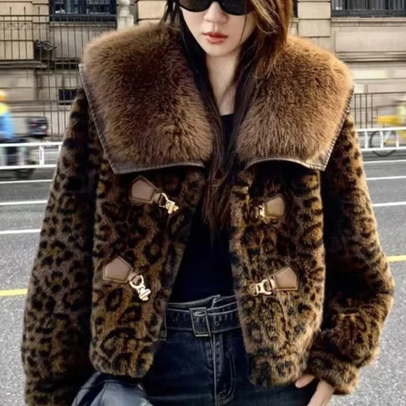 MEXZT, abrigo de piel sintética con estampado de leopardo, chaqueta mullida recortada a la moda para mujer, ropa de calle de invierno, prendas de vestir exteriores peludas de manga larga coreanas, nuevo