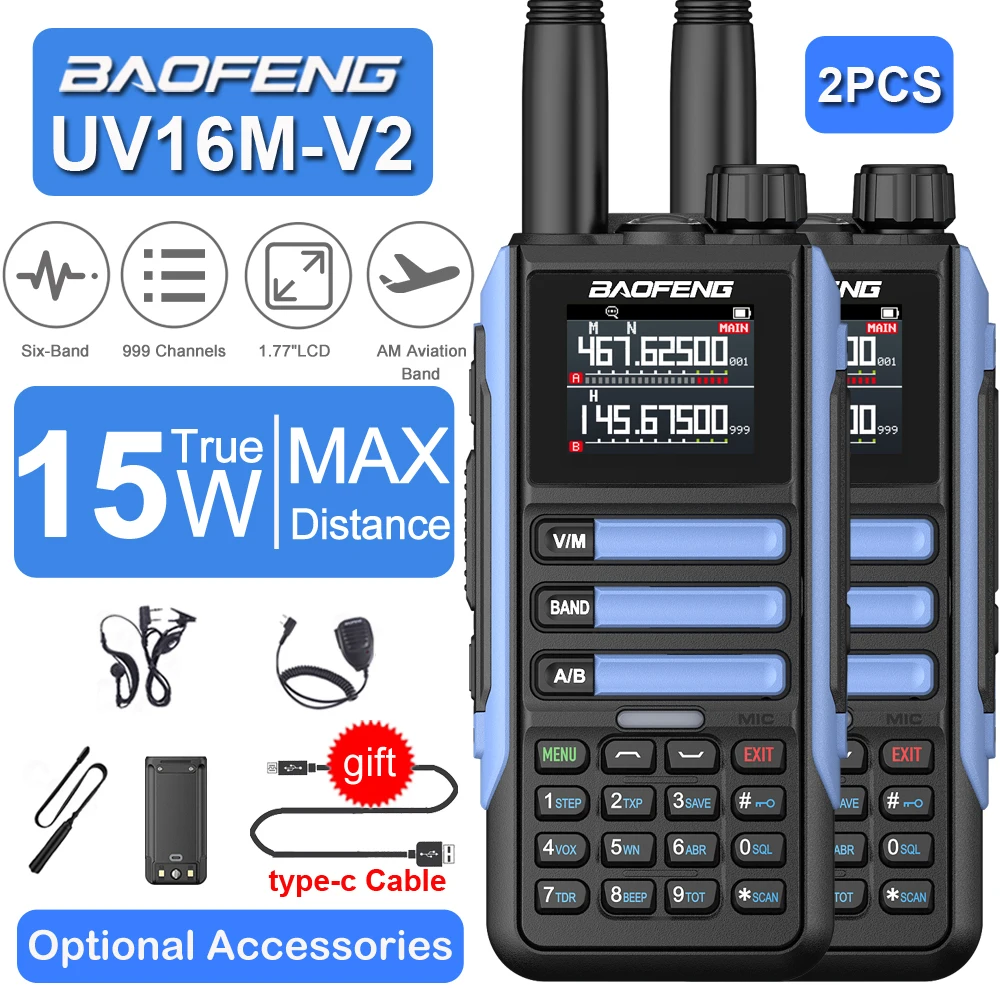 2Pack New Upgrades Baofeng UV16M V2 Waterproof Walkie Talkie 15W AM FM 2-Way Radio Full Band LCD Frequency Copy Noise Reduce