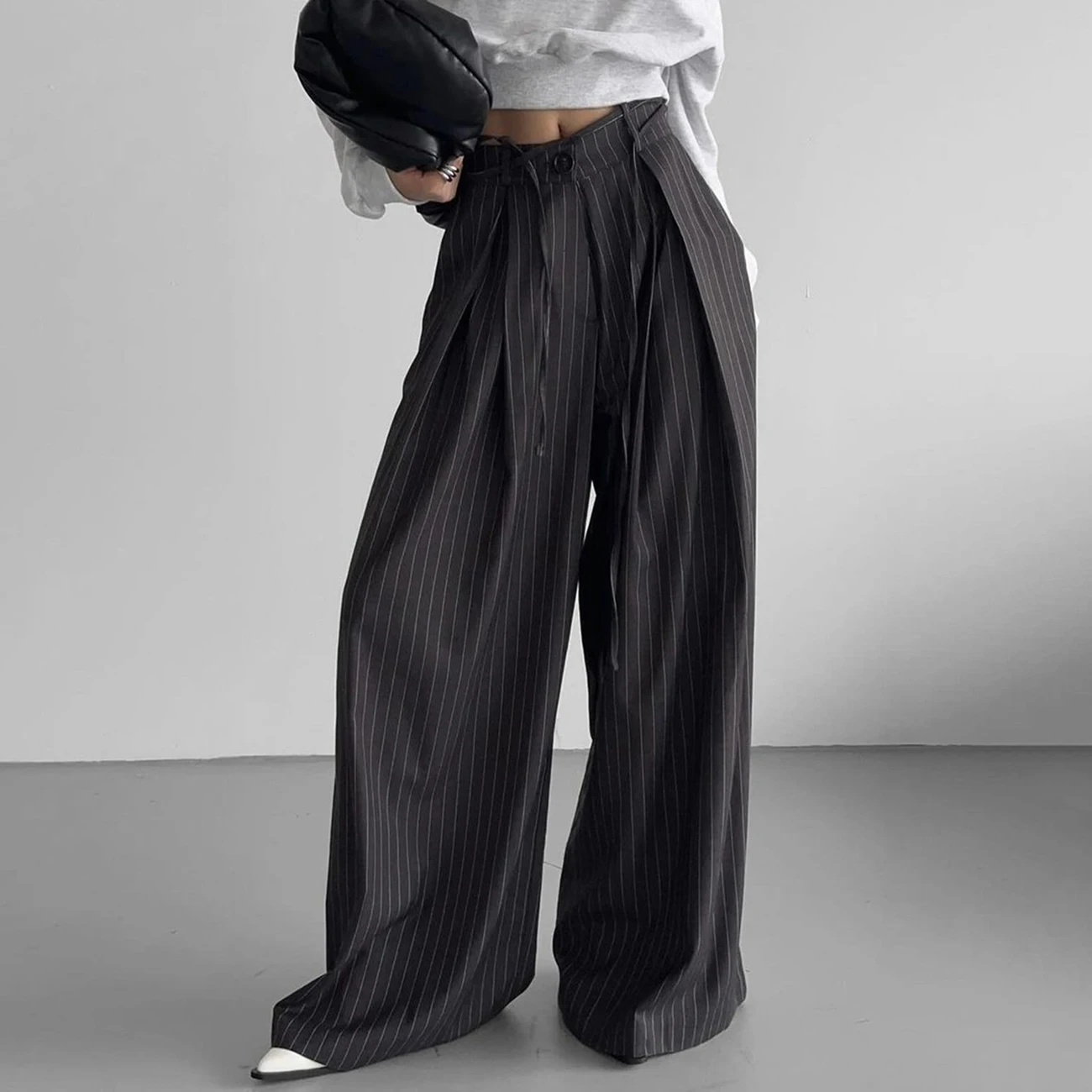 WXOY Women Stripes Suit Trousers Loose Lace-up Waist Classic Fashion Casual Comfortable