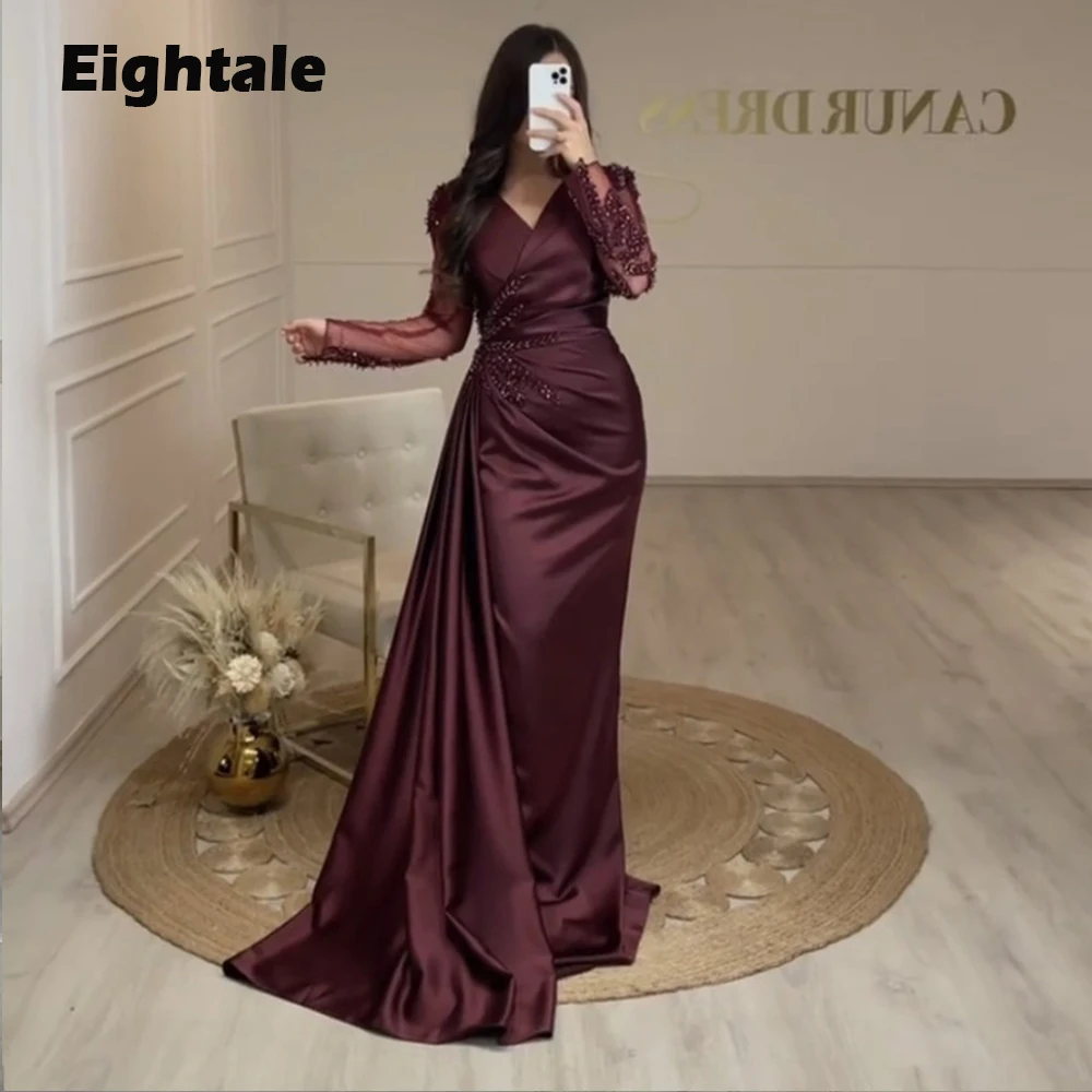 Eightale Arabic Evening Dresses for Wedding Party Satin Customized Mermaid V-Neck Beaded Long Sleeves Celebrity Prom Party Gowns