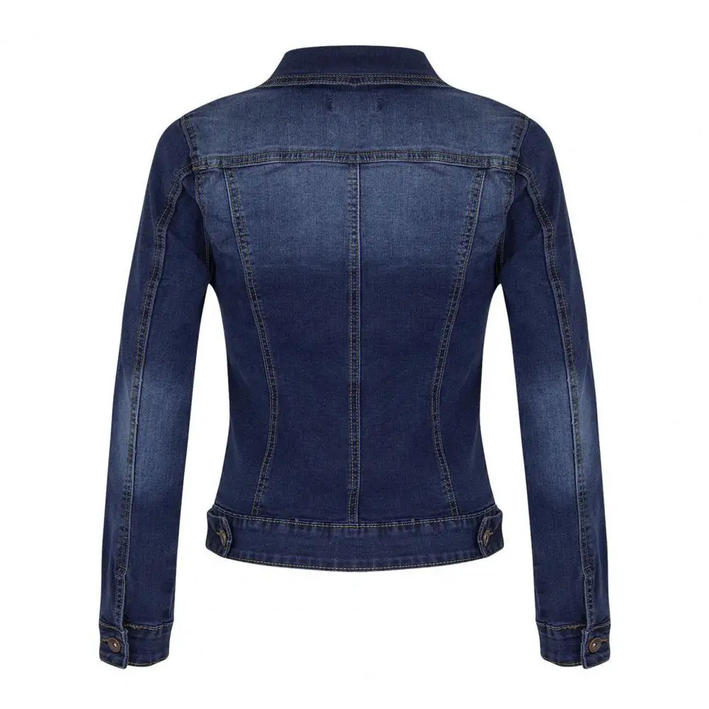 Jaket Denim wanita Single-breasted, mantel wanita dengan kerah Slim-fit lengan panjang warna Solid saku Flip