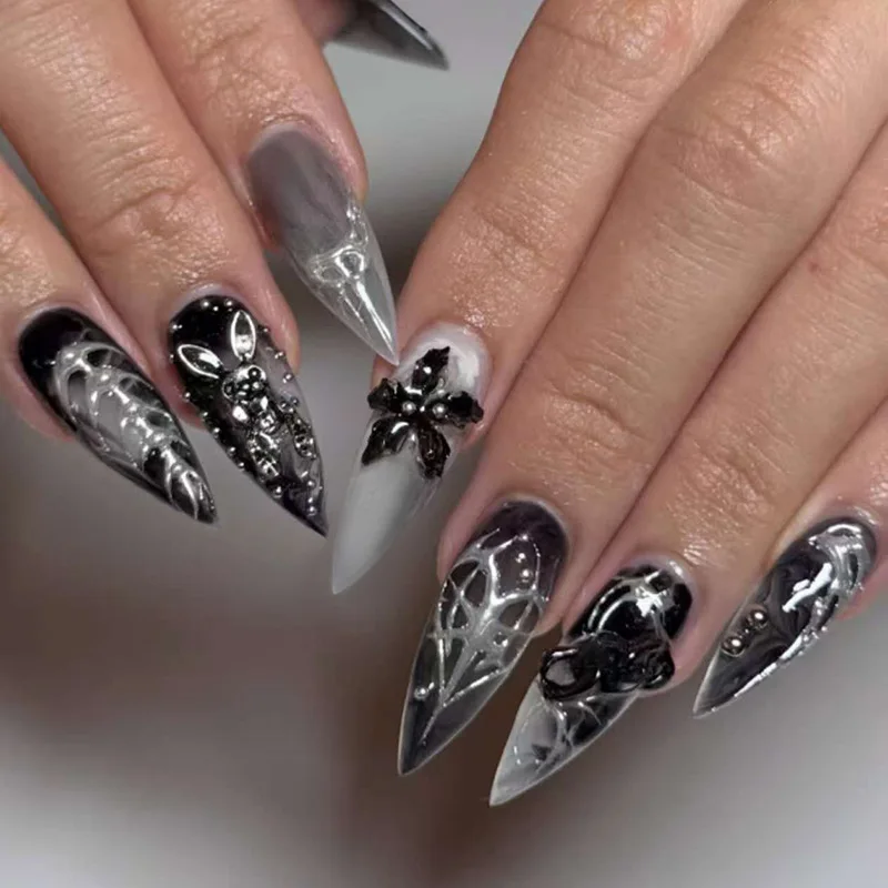 30pcs Sweet Cool Black Almond False Nails Punk Sliver Line Printed Fake Nail Tips Wearable Detachable Fashion Press on Nails