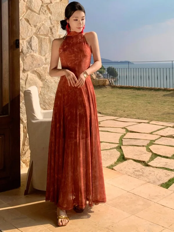 

Vaion Sle Retro Print Dr Wedding Dr Return Home Banquet Red Wine Ceremony High Waist A-Line Skirt Long D...