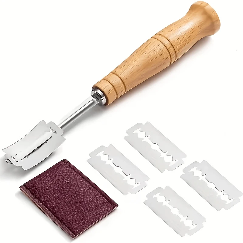 Cuchillo de panadero con mango de madera para cortar pan de masa madre, herramienta para hacer ranuras en la masa con 5 cuchillas, cuchillo para cortar masa.
