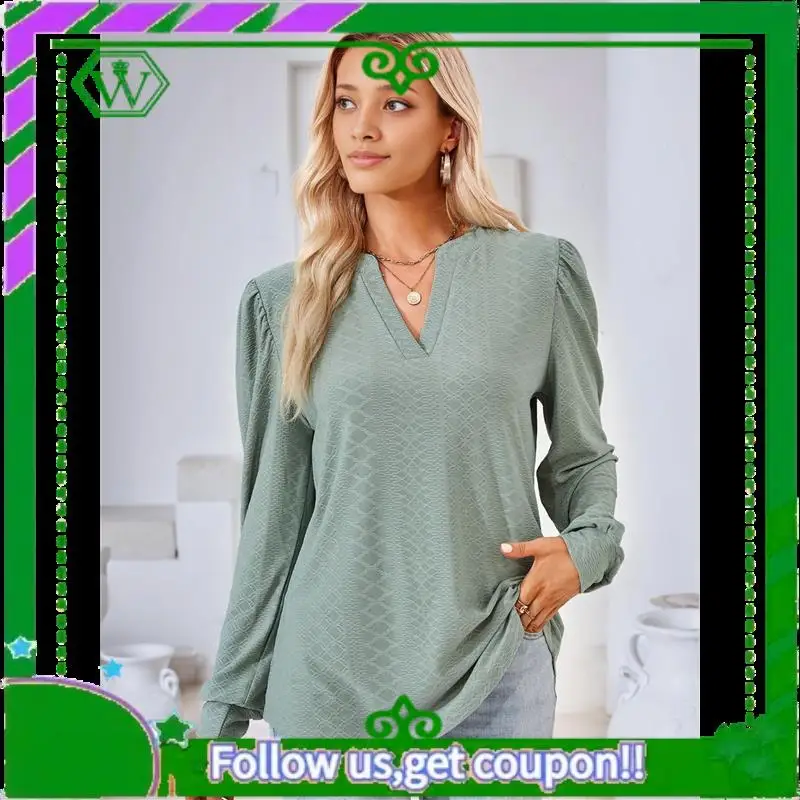 

A18P-Blouses For Women Dressy Casual V-Neck Long Sleeve Womens Tops With Puff Sleeves