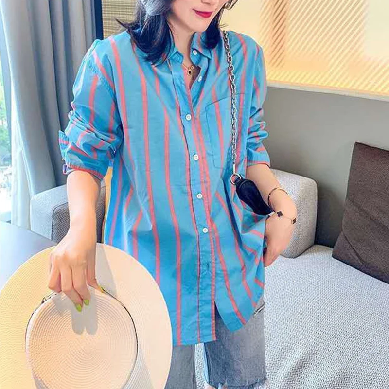 Turn Down Neck Casual Shirt And Blouses Striped 2024 Summer Autumn New Batwing Sleeve Loose Tops For Woman Female Clothing New