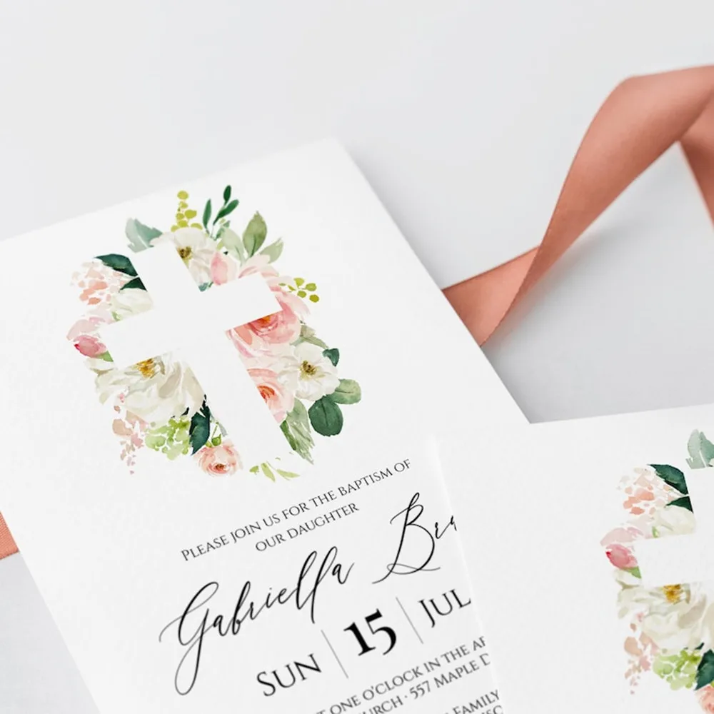 

Full Customized Baptism Invitation Card, Floral Cross, Christening Invitation, C9