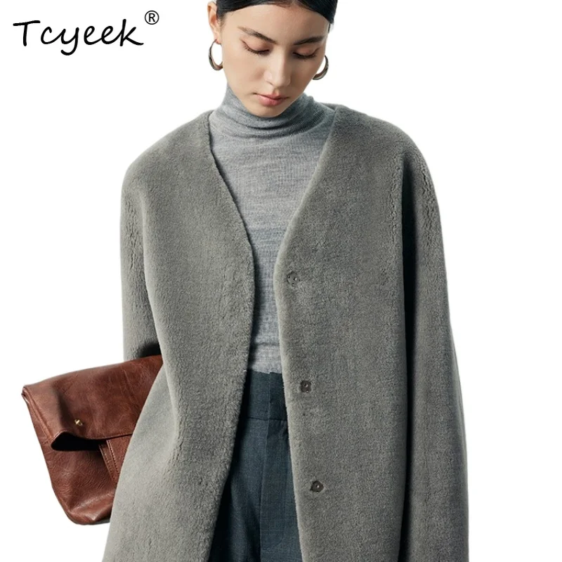 Tcyeek 秋冬 ハイエンド トレンド ファー一体型 Vネック グレー ショート丈 レディース ウールファーコート マントー ファム ファーレディース