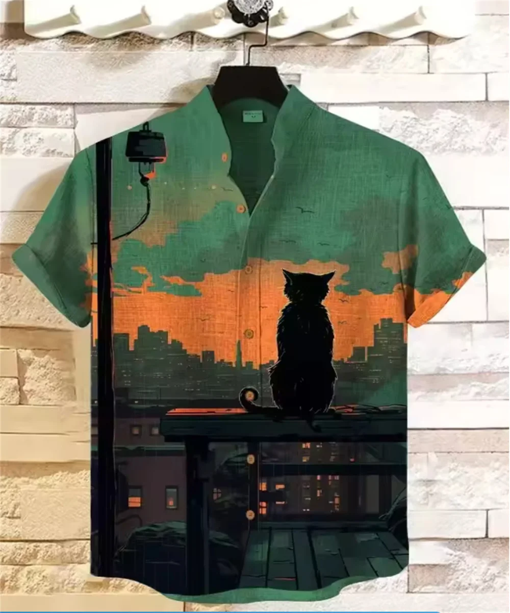 2025 men's new hot sale exquisite art pattern print summer comfortable linen short sleeve shirt men's casual button down top