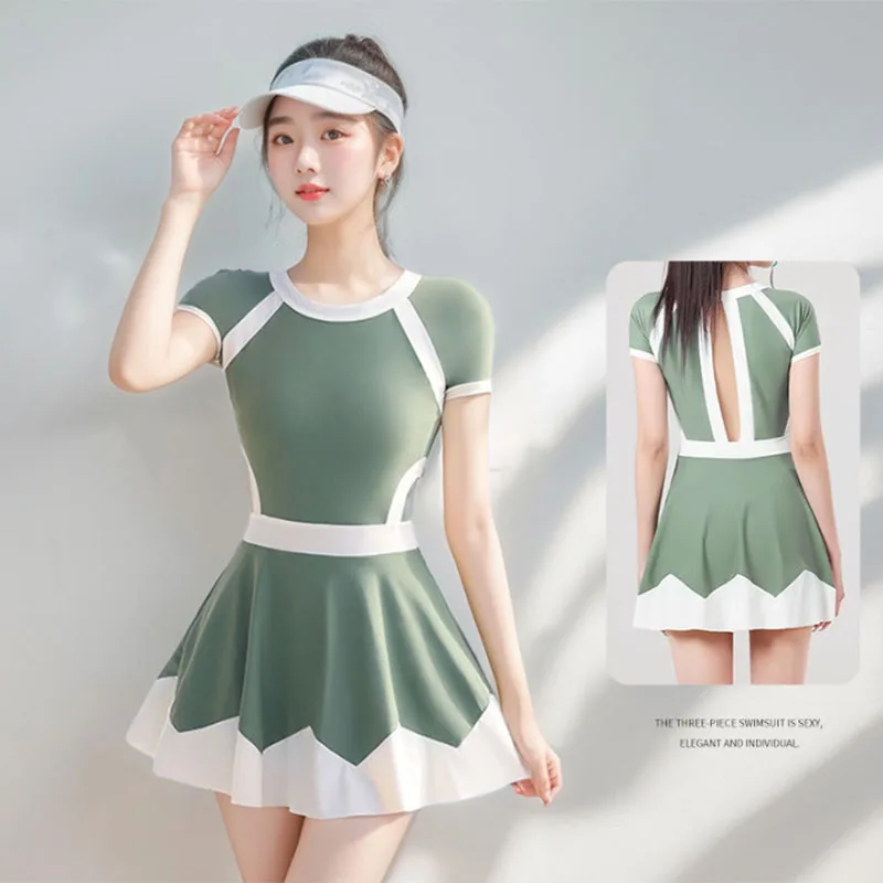 

Summer 2025 New Fashion Patchwork Swimwear Women Simple Slim Short Sleeve O-Neck Dress Bathing Suit Backless Beach Swimsuit