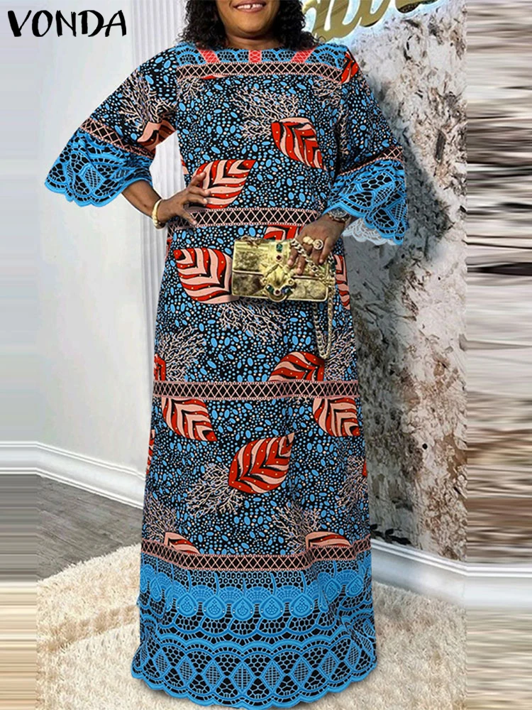 Plus Size 5XL VONDA Women Printed Dress 2024 Bohemian Round Neck Vintage 3/4 Flared Sleeve Sundress Fashion Robe Party Vestidos