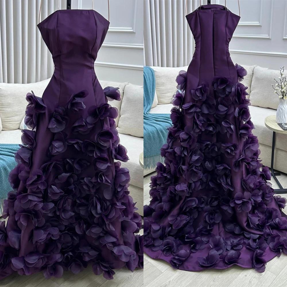 

Customized Strapless Chapel Train Satin A-Line Evening Dress Appliques Special Occasion Gowns Exquisite Party Dresses