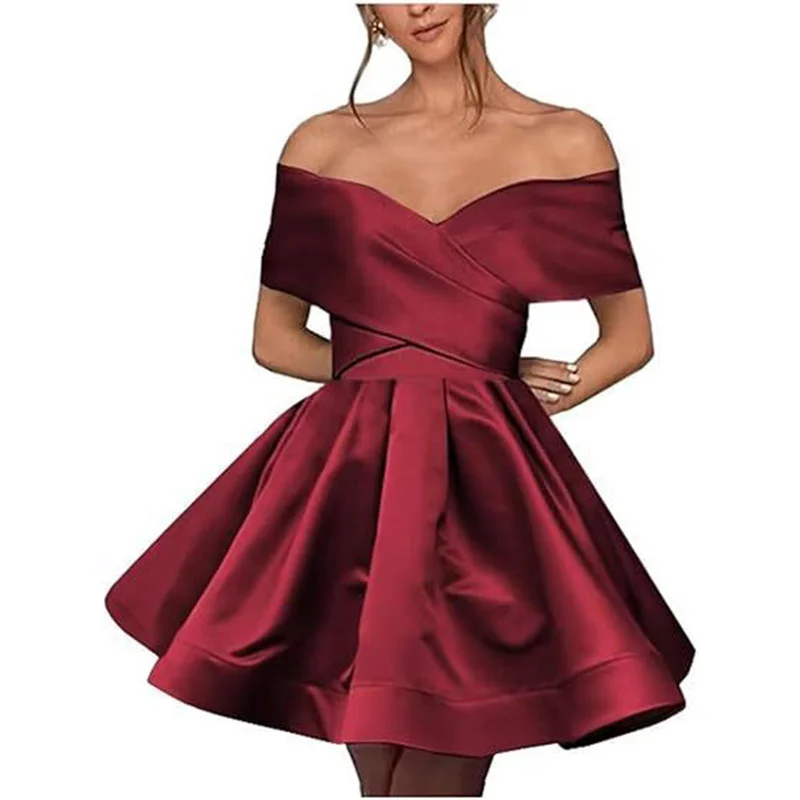 Short Satin Pleat Boat Neck Knee Length Bridesmaid Dresses Wedding Party Evening Prom Homecoming Cocktail Lace Up
