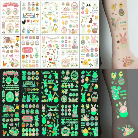 10Sheet 168pcs Easter Glow in the Dark Temporary Tattoos, Cartoon Bunny, Eggs, and Holiday Designs, Waterproof and Lasts 2-5 Day