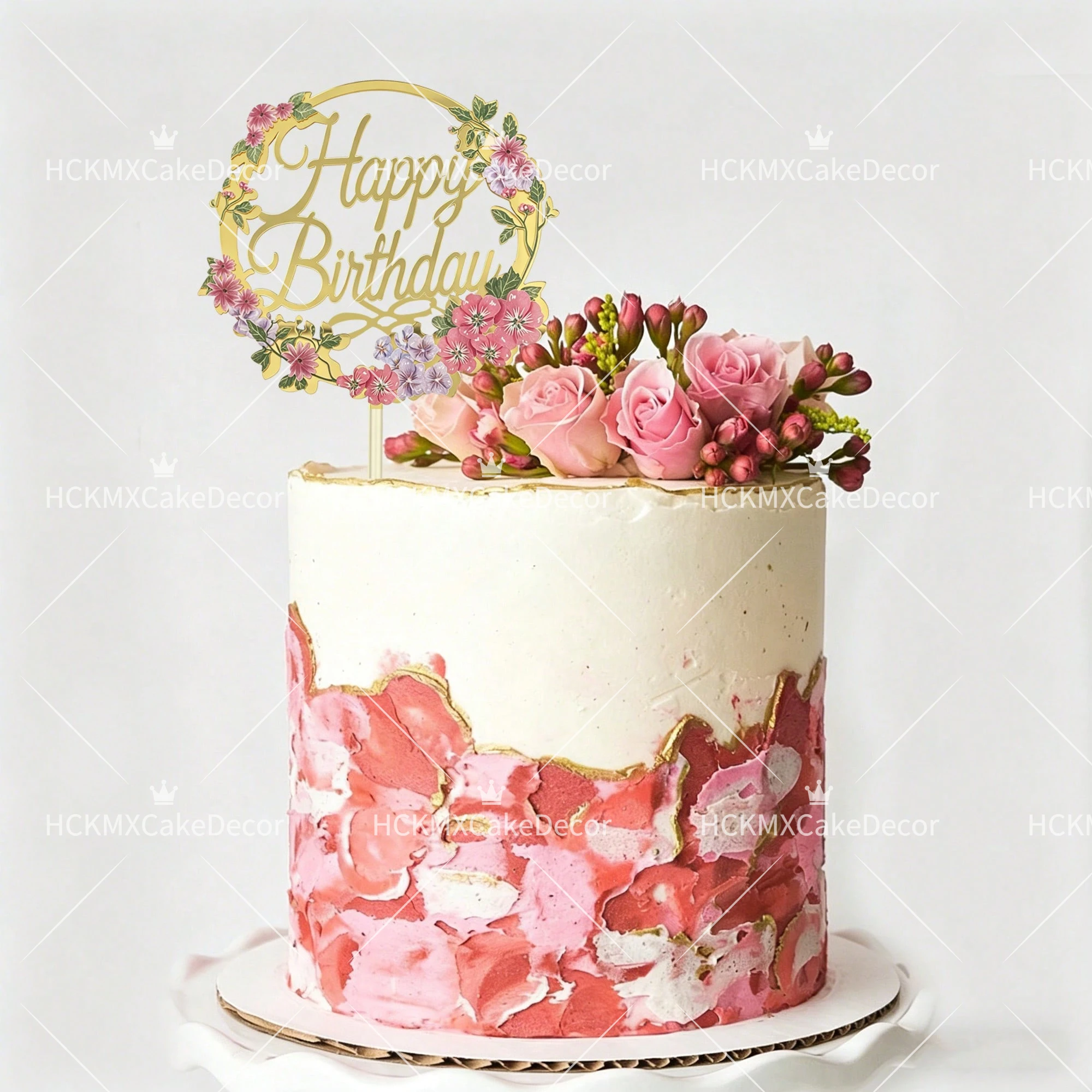 3-teiliger Blumenkranz Happy Birthday Tortendekoration Acryl Gold Spiegel Tortenstecker für Mädchen Frauen Geburtstagsparty Kuchendekoration – Detail 6