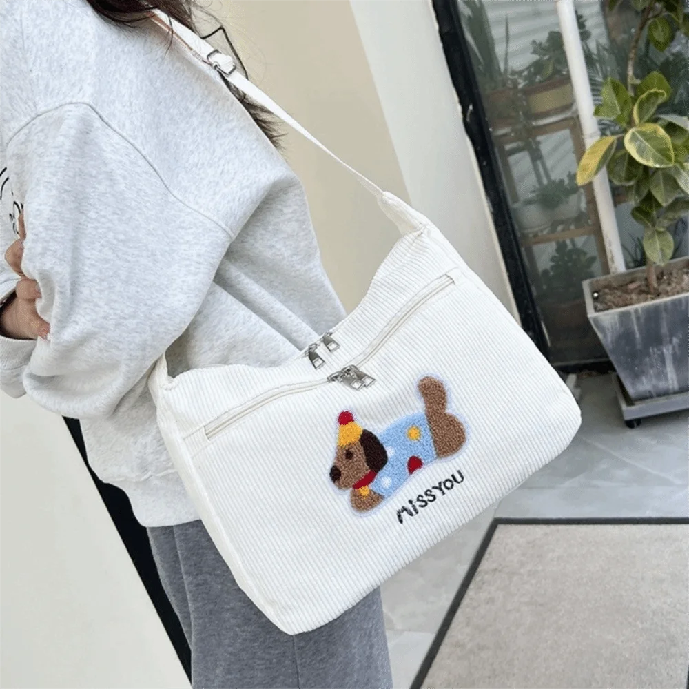 Cartoon Dachshund Shoulder Bag Embroidery Solid Color Corduroy Crossbody Bag Zipper Closure Large Capacity Women Handbag Daily