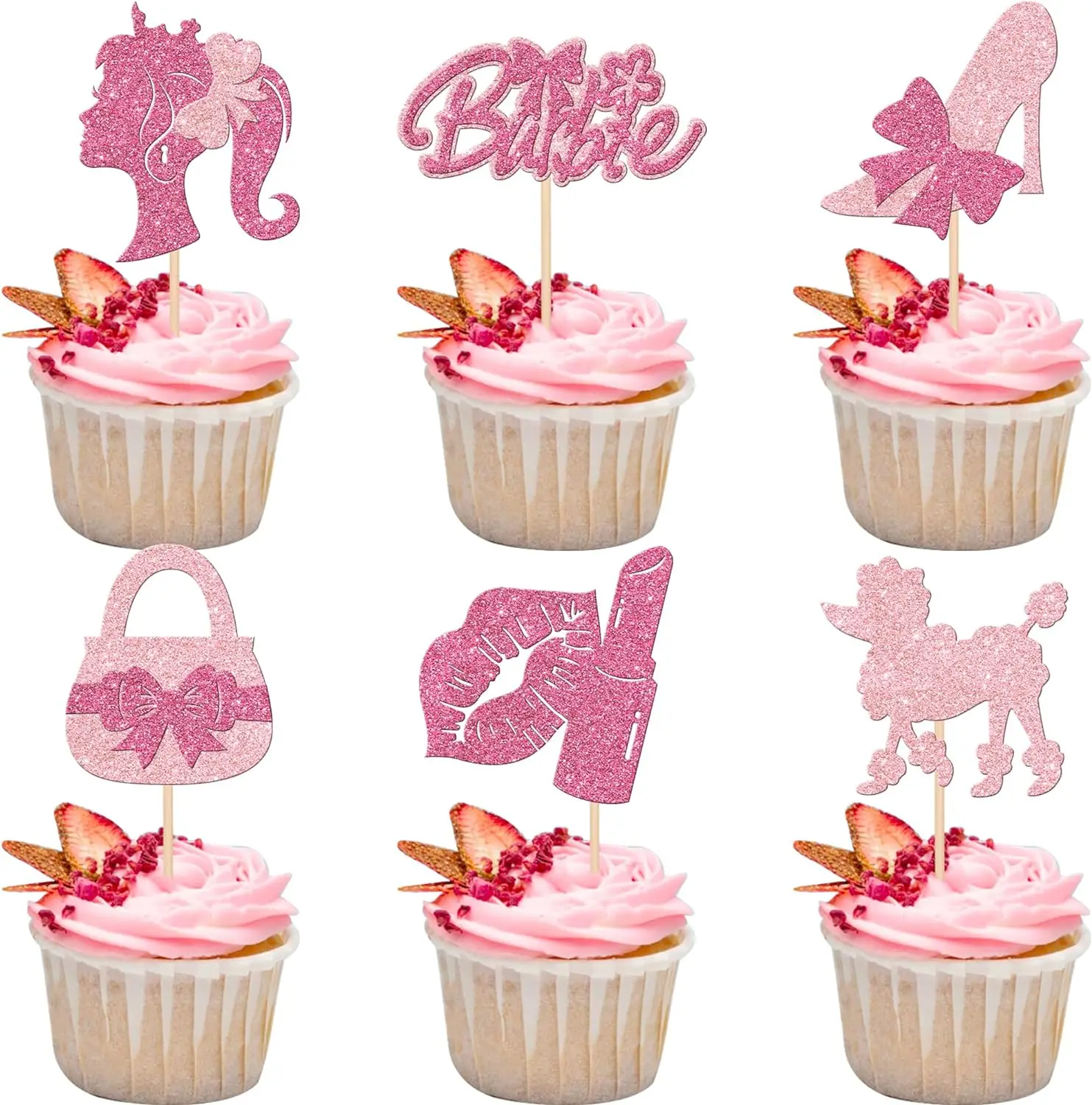 24 PCS Princess Cupcake Toppers Pink Glitter Girl Handbag Lipstick Bow Tie High Heel Cupcake Picks for Wedding Bridal Shower Bab