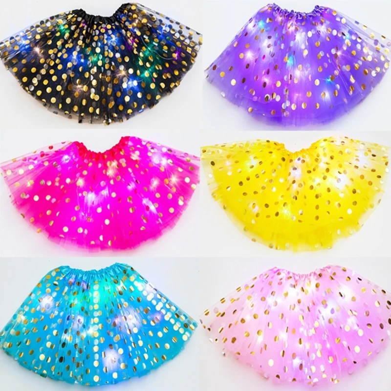 Gonna per Tutu di danza classica con paillettes a stella glitterata per bambini LED Light Up Neon colorato Tulle abito corto Costume da palcoscenico per feste 3-12T