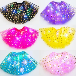 Kids Girls Glitter Star Sequins Ballet Dance Tutu Skirt LED Light Up Neon Colorful Tulle Short Dress Party Stage Costume 3-12T