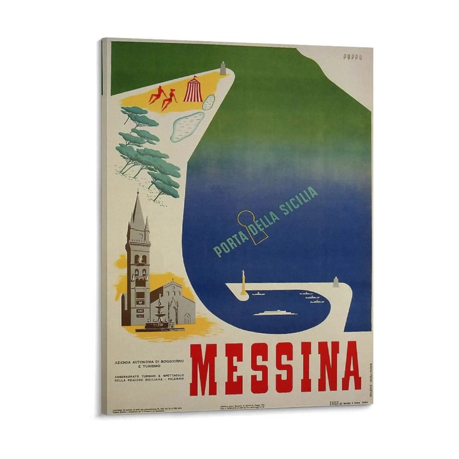 Messina Port Of Sicily Vintage Italian Travel Ad Canvas Painting Retro Customized Garage Retro Framed Wall Paintings